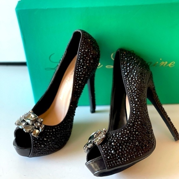 Lauren Lorraine Black Crystal Rhinestone Heels Stiletto Formal Dress Prom, Sz 6 - Picture 1 of 10